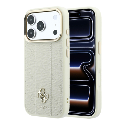 Apple iPhone 18 Pro Max Kılıf Guess Orjinal Lisanslı M-safe Şarj Özellikli Şeritli Peony 4G ve Yazı Logolu Kapak Bej