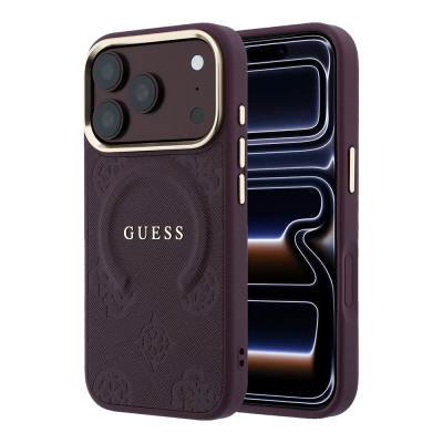 Apple iPhone 18 Pro Max Kılıf Guess Orjinal Lisanslı M-safe Şarj Özellikli Sıcak Baskılı Yazı Logolu C-Magnet PU Deri Peony Kapak Bordo