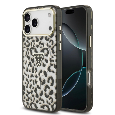 Apple iPhone 18 Pro Max Kılıf Guess Orjinal Lisanslı M-safe Şarj Özellikli Üçgen Logolu Simli Leopar Desenli Kapak Siyah
