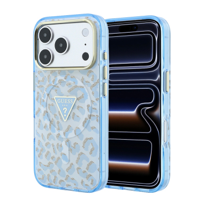 Apple iPhone 18 Pro Max Kılıf Guess Orjinal Lisanslı M-safe Şarj Özellikli Üçgen Logolu Simli Leopar Desenli Kapak Mavi