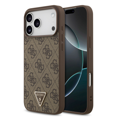 Apple iPhone 18 Pro Max Kılıf Guess Orjinal Lisanslı M-safe Şarj Özllikli PU Deri Taşlı Üçgen Logo 4G Desenli Strass Kapak Kahverengi