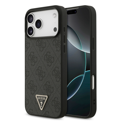Apple iPhone 18 Pro Max Kılıf Guess Orjinal Lisanslı PU Deri Taşlı Üçgen Logo 4G Desenli Strass Kapak Siyah