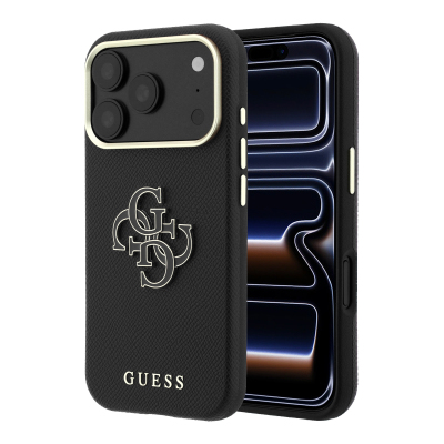 Apple iPhone 18 Pro Max Kılıf Guess Orjinal Lisanslı PU Yazı ve 4G Büyük Metal Logolu Kapak Siyah