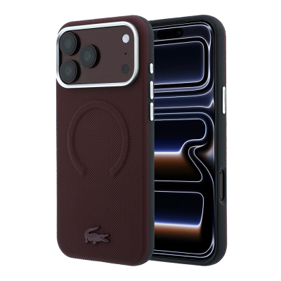 Apple iPhone 18 Pro Max Kılıf Lacoste Orjinal Lisanslı M-safe Şarj Özellikli Halka Tasarımlı Petit Pike Metal Logolu Kapak Bordo