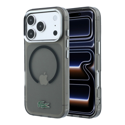 Apple iPhone 18 Pro Max Kılıf Lacoste Orjinal Lisanslı M-safe Şarj Özellikli Lake Timsah Logolu IML Frosted Kapak Siyah