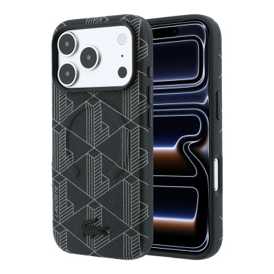 Apple iPhone 18 Pro Max Kılıf Lacoste Orjinal Lisanslı M-safe Şarj Özellikli Metal Logolu Deri Karışık Monogram Desenli Kapak Siyah