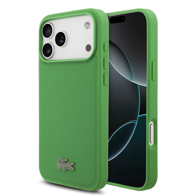 Apple iPhone 18 Pro Max Kılıf Lacoste Orjinal Lisanslı M-safe Şarj Özellikli PU Pike Desenli Metal Logolu Kapak Yeşil