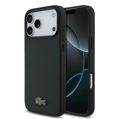Apple iPhone 18 Pro Max Kılıf Lacoste Orjinal Lisanslı M-safe Şarj Özellikli PU Pike Desenli Metal Logolu Kapak Koyu Yeşil