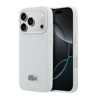 Apple iPhone 18 Pro Max Kılıf Lacoste Orjinal Lisanslı M-safe Şarj Özellikli PU Pike Desenli Metal Logolu Kapak Gri