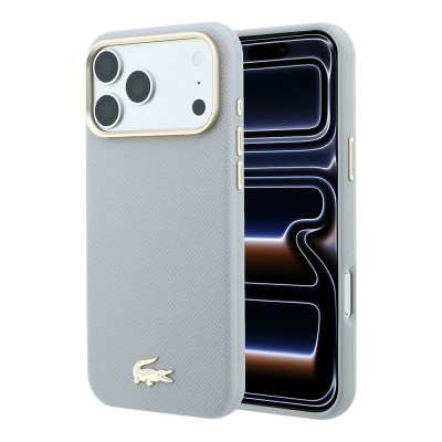 Apple iPhone 18 Pro Max Kılıf Lacoste Orjinal Lisanslı M-Safe Şarj Özellikli PVC Yarı Pike Desenli Arka Yüzey İkonik Timsah Dokuma Logolu Kapak Açık Gri