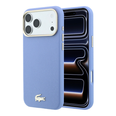 Apple iPhone 18 Pro Max Kılıf Lacoste Orjinal Lisanslı M-Safe Şarj Özellikli PVC Yarı Pike Desenli Arka Yüzey İkonik Timsah Dokuma Logolu Kapak Açık Mavi