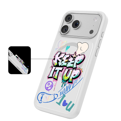Apple iPhone 18 Pro Max Kılıf M-safe Şarj Özellikli 3D Baskılı Tasarım Mutural Graffiti Serisi Kapak Beyaz