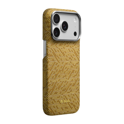 Apple iPhone 18 Pro Max Kılıf M-safe Şarj Özellikli Aramid Karbon Fiber Pitaka Wind Over Wheat Serisi Kapak Gold