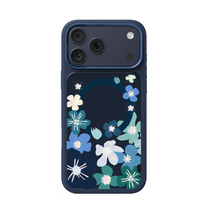 Apple iPhone 18 Pro Max Kılıf M-safe Şarj Özellikli Çiçek Tasarımlı Mutural Flower Serisi Kapak Lacivert