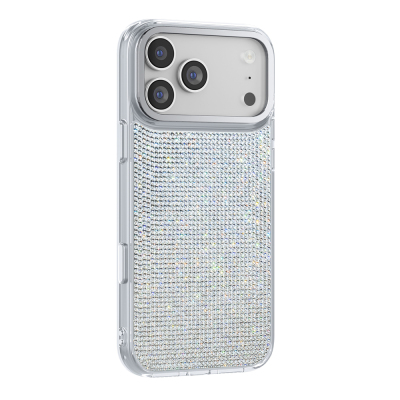 Apple iPhone 18 Pro Max Kılıf M-Safe Şarj Özellikli El İşlemeli Swarovski Taşlı Zore Paris Riva Sert PC Kapak Gümüş