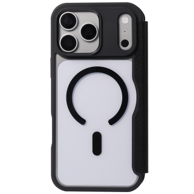 Apple iPhone 18 Pro Max Kılıf M-safe Şarj Özellikli Vegan Deri Tasarımlı Şeffaf Arka Yüzey Kartlıklı Raptic Urban Folio Serisi Kapak Siyah