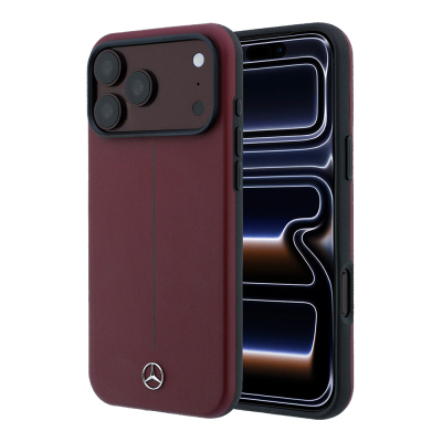 Apple iPhone 18 Pro Max Kılıf Mercedes Benz Orjinal Lisanslı M-safe Şarj Özellikli Metal Yıldız Logolu Çizgili Deri Kapak Bordo