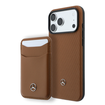 Apple iPhone 18 Pro Max Kılıf Mercedes Benz Orjinal Lisanslı M-safe Şarj Özellikli PU Deri 3D Metal Logolu Kartlıklı Kapak Kahverengi