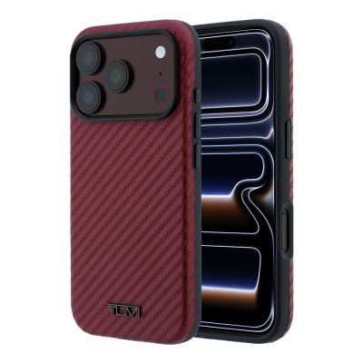 Apple iPhone 18 Pro Max Kılıf TUMI Orjinal Lisanslı M-safe Şarj Özellikli PU Karbon Tasarımlı Metal Logolu Kapak Bordo