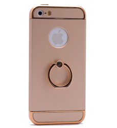 Apple iPhone 5 Kılıf Zore 3 Parçalı Yüzüklü Rubber Kapak Gold