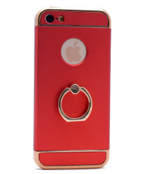 Apple iPhone 5 Kılıf Zore 3 Parçalı Yüzüklü Rubber Kapak Kırmızı
