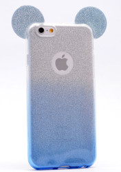 Apple iPhone 6 Plus Kılıf Zore Micky Kulaklı Simli Silikon Mavi