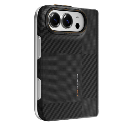 Apple iPhone Duo (Fold) Case with M-safe Charging Feature, Metal Camera Frame, Raptic Aramid SkinPro Mondrian Series Carbon Cover Black-Grey