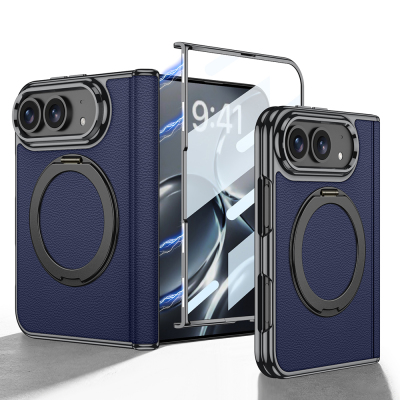 Apple iPhone Duo Kılıf M-safe Şarj Özellikli 360 Derece Dönebilen Standlı Zore Kıpta KPT-17 Deri Tasarımlı Kapak Lacivert