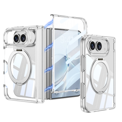Apple iPhone Duo Kılıf M-safe Şarj Özellikli Zore Kıpta KPT-09 Ring Standlı Şeffaf Sert PC Kapak Şeffaf