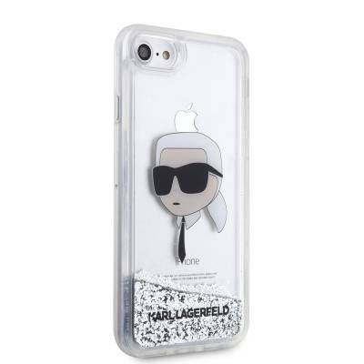 Apple iPhone SE 2022 Kılıf Karl Lagerfeld Sıvılı Simli Karl Head Dizayn Kapak Gümüş