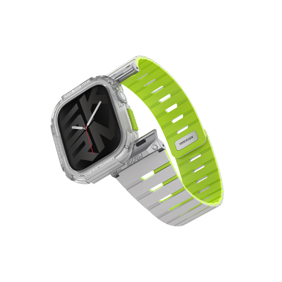 Apple Watch 10 42mm Skinarma Nightglow Atom TPU Kasa Koruyucu + Gemini Silikon Kordon Gri-Yeşil
