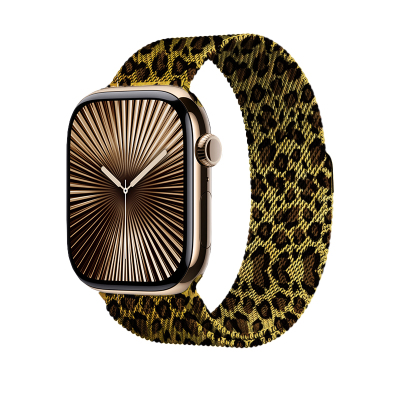 Apple Watch 38mm Zore KRD-01 Leopar Desenli Metal Kordon Sarı-Leopar
