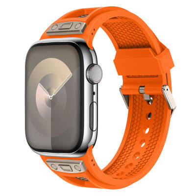 Apple Watch 42mm Zore KRD-117 Breathable Perforated Metal Decorated Patterned Silicone Band Titanyum-Turuncu