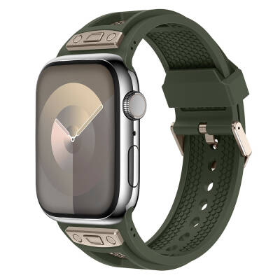 Apple Watch 42mm Zore KRD-117 Hava Alabilen Delikli Metal Süslemeli Desenli Silikon Kordon Titanyum-Yeşil