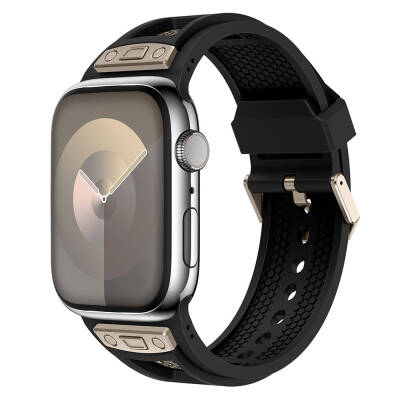 Apple Watch 42mm Zore KRD-117 Hava Alabilen Delikli Metal Süslemeli Desenli Silikon Kordon Titanyum-Siyah