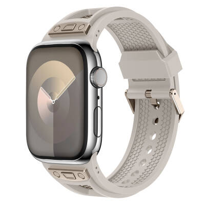 Apple Watch 42mm Zore KRD-117 Hava Alabilen Delikli Metal Süslemeli Desenli Silikon Kordon Titanyum-Starlight