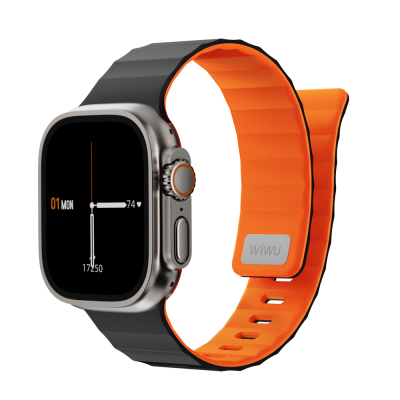 Apple Watch 44mm Wiwu Mag Secur Series Silicone Band Siyah-Turuncu