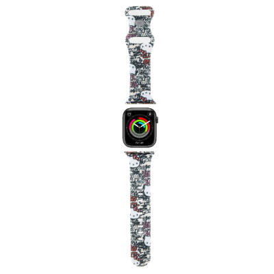 Apple Watch 7 41mm Hello Kitty Orjinal Lisanslı Etiket Graffiti Silikon Kordon Krem