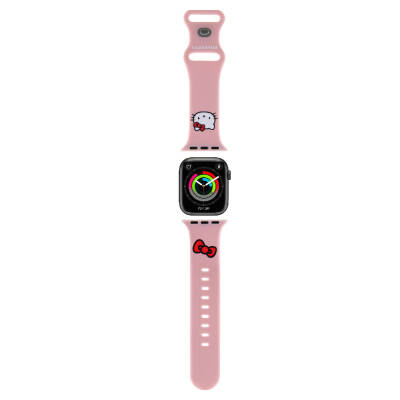 Apple Watch 7 41mm Hello Kitty Orjinal Lisanslı Yazı Logolu Fiyonk & Kitty Head Silikon Kordon Pembe