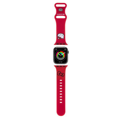 Apple Watch 7 41mm Hello Kitty Orjinal Lisanslı Yazı Logolu Fiyonk & Kitty Head Silikon Kordon Kırmızı