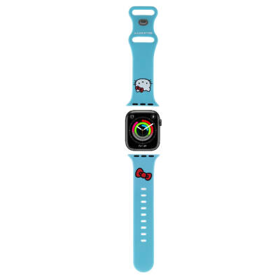 Apple Watch 7 41mm Hello Kitty Orjinal Lisanslı Yazı Logolu Fiyonk & Kitty Head Silikon Kordon Mavi