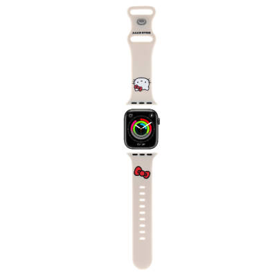 Apple Watch 7 41mm Hello Kitty Orjinal Lisanslı Yazı Logolu Fiyonk & Kitty Head Silikon Kordon Krem