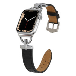 ​​​Apple Watch 7 41mm KRD-53 Deri Kordon Siyah-Gümüş