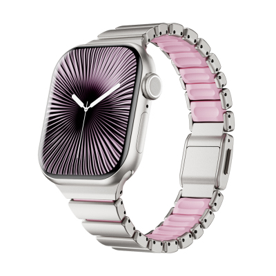 Apple Watch 7 41mm Zore KRD-149 Metal Silikon Kordon Gümüş-Pembe