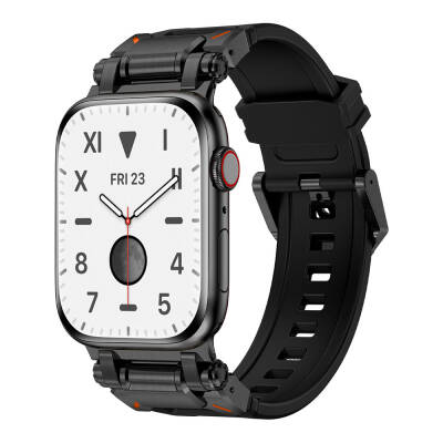 Apple Watch 7 45mm Zore KRD-101 Titanyum Metal Başlıklı Silikon Kordon Siyah