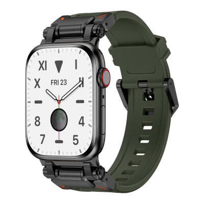 Apple Watch 7 45mm Zore KRD-101 Titanyum Metal Başlıklı Silikon Kordon Siyah-Yeşil
