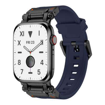 Apple Watch 7 45mm Zore KRD-101 Titanyum Metal Başlıklı Silikon Kordon Siyah-Mavi