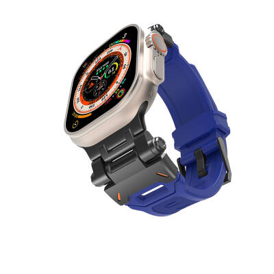 Apple Watch 7 45mm Zore KRD-108 Metal Başlıklı Silikon Kordon Siyah-Mavi