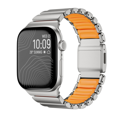 Apple Watch 7 45mm Zore KRD-151 Metal Silicone Band Gümüş-Turuncu