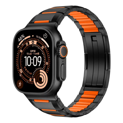 Apple Watch 7 45mm Zore KRD-155 Metal Silikon Kordon Siyah-Turuncu